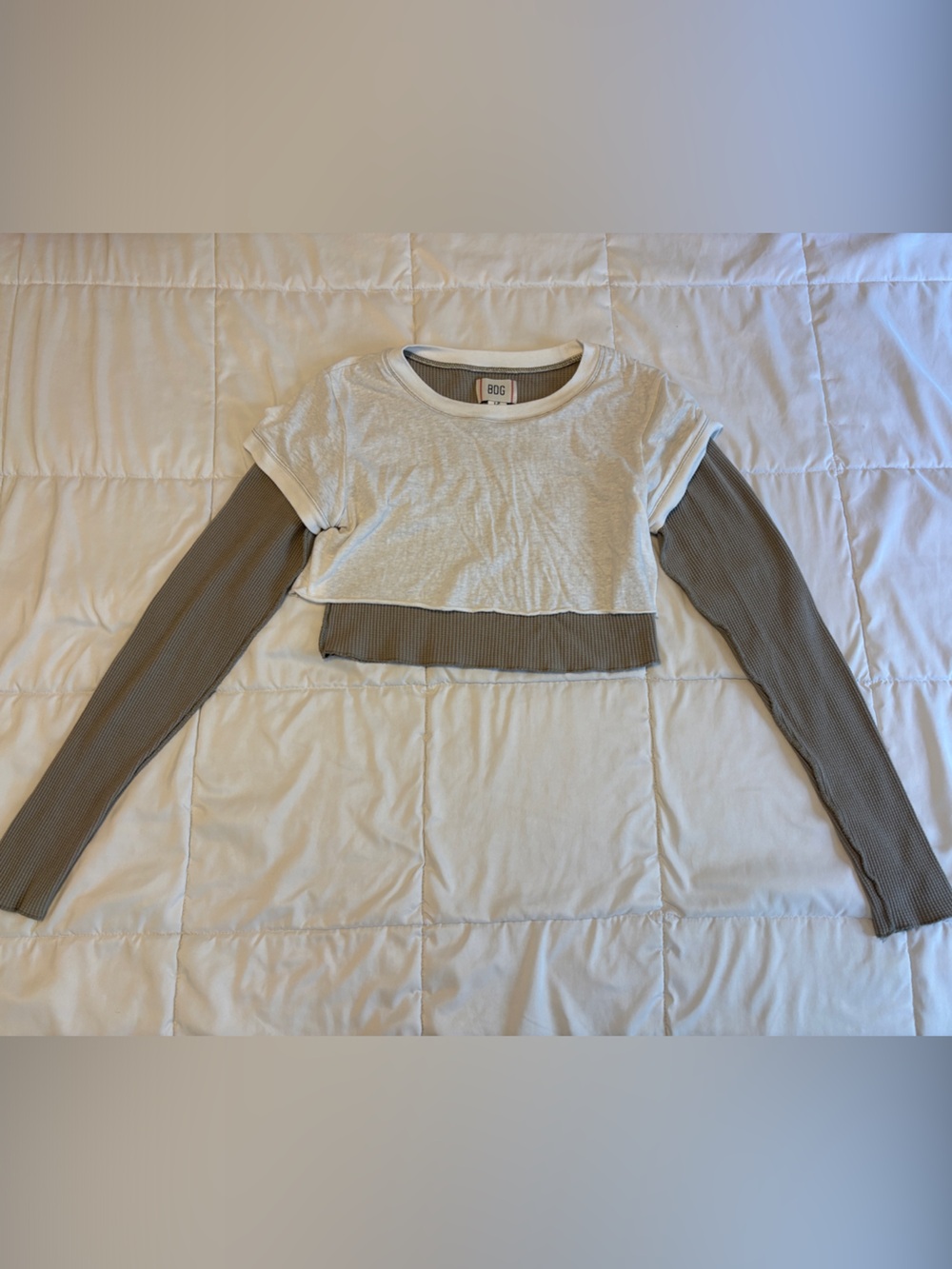 BDG Layered-Look Crop Top in Cream and Olive